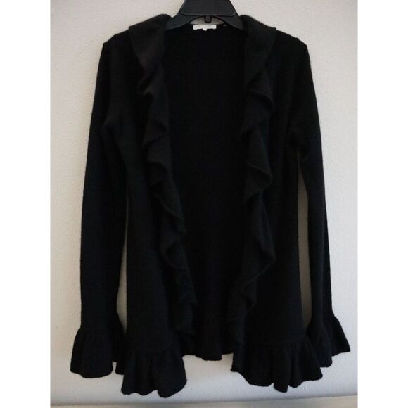 Minnie Rose H0359C9 Women's Sz S Black Cashmere Open Front Ruffled Cardigan - Picture 1 of 6